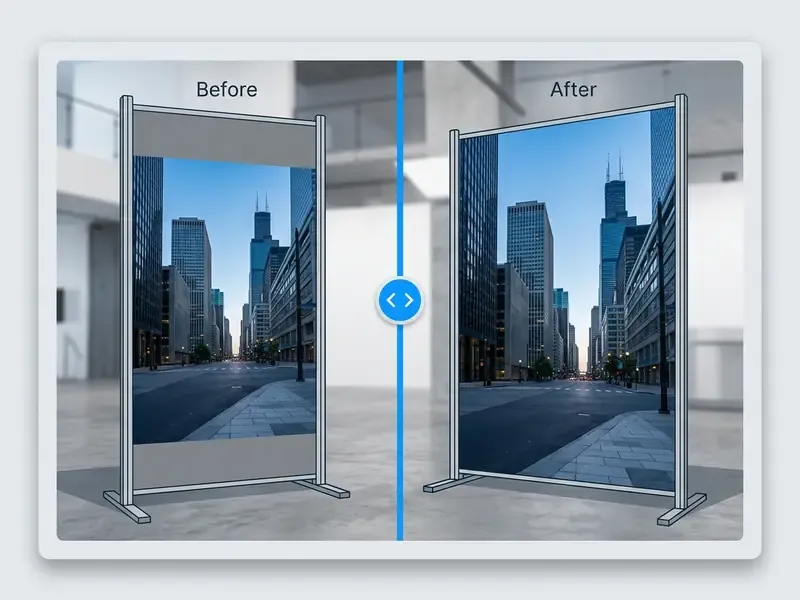Split screen comparison of a city street banner before and after generative expansion