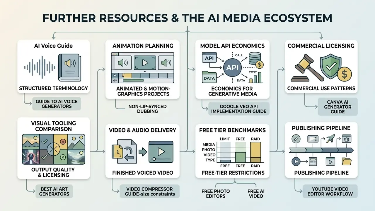 Network map of synthetic media resources covering animation planning, API economics, and commercial licensing
