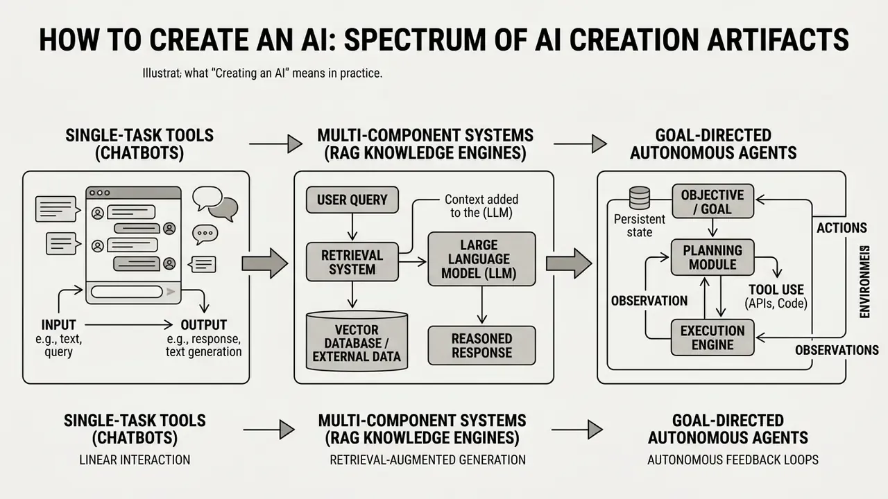 Diagram showing the progression from simple chatbots to RAG systems and goal-directed autonomous agents