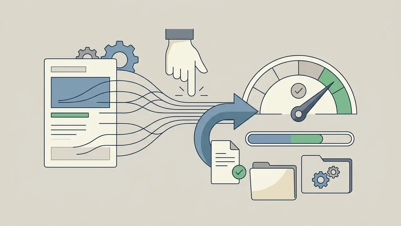 Hand pointing at lines connecting a document to a gauge and progress bar representing performance analysis