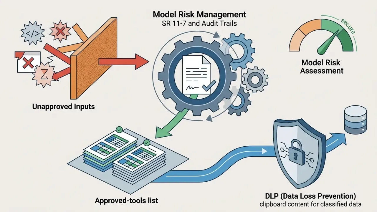 Unapproved inputs blocked by a barrier before processing through gears into approved tools and DLP protection