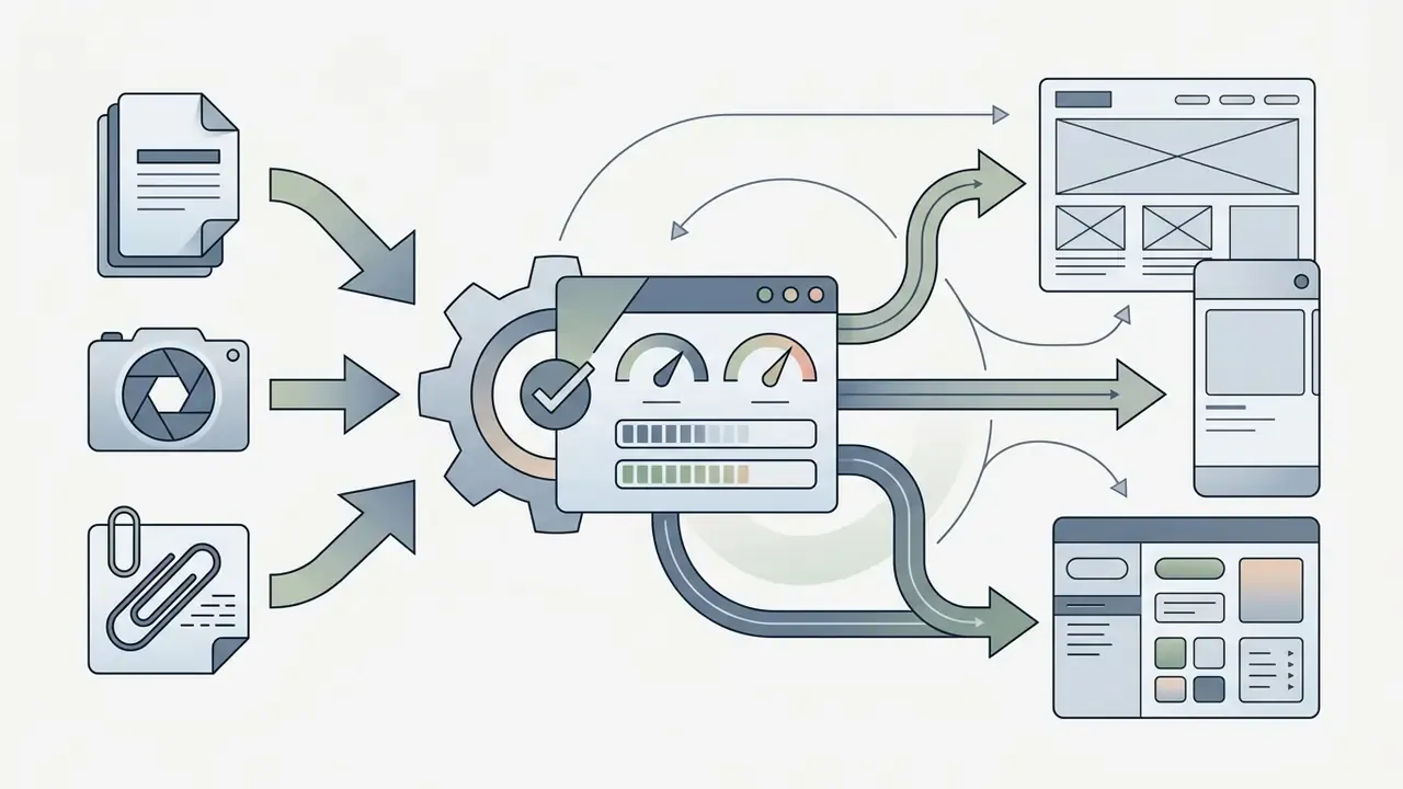 Documents and media assets feeding into a central processing gear to output various web and mobile layouts