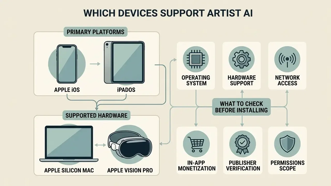 Infographic displaying compatible Apple devices and installation requirements for the software application