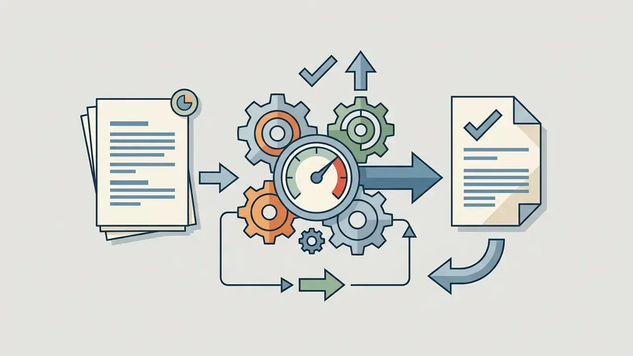 Stack of documents moving through a gear system with a gauge to produce a finalized report with a checkmark