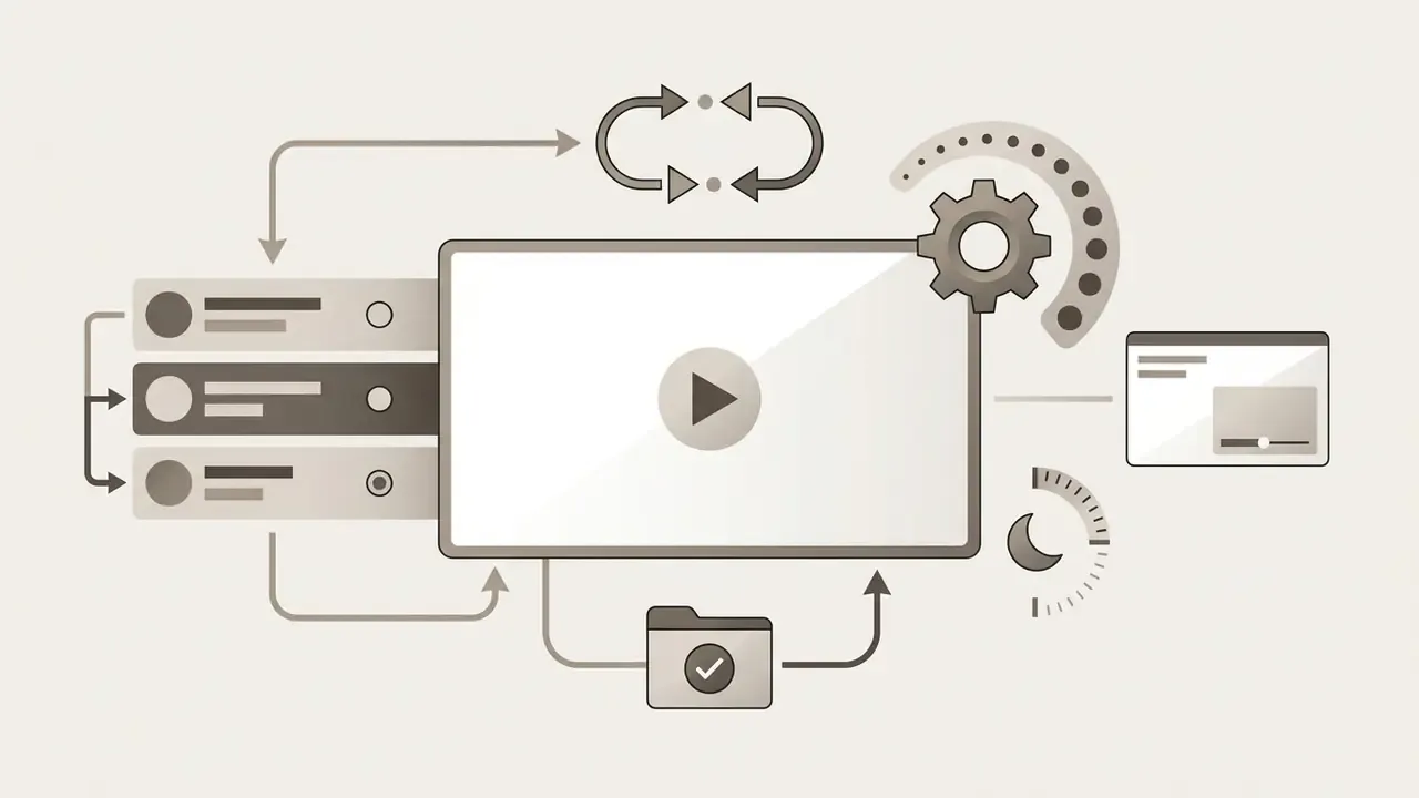 Central video player icon surrounded by symbols for playlists, speed controls, sleep timers and pop-out windows