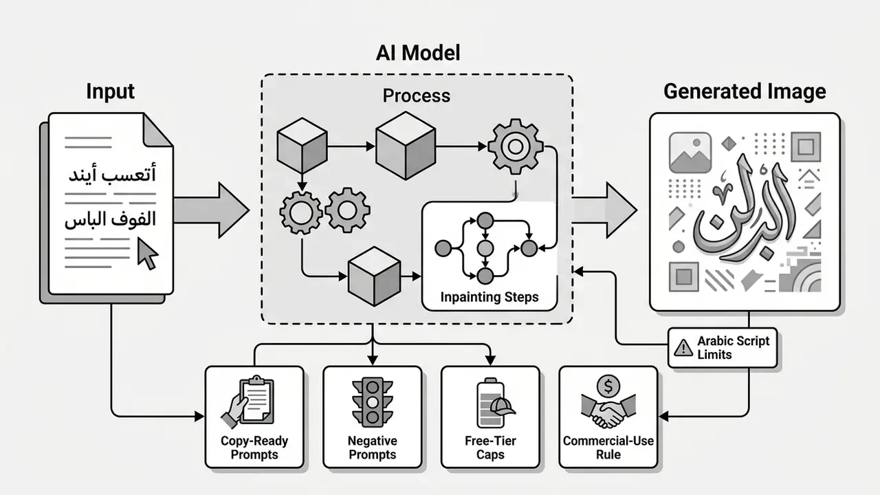 Diagram showing an AI image generator transforming Arabic text inputs into visual outputs via processing steps