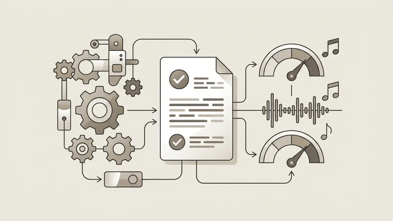 Gears processing a text prompt document into musical audio waveforms and performance gauges