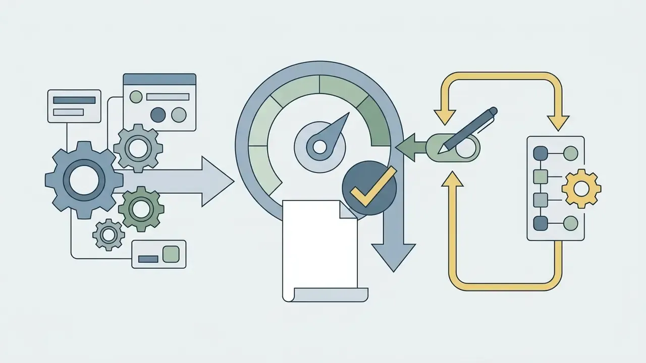 Gear system feeding into a gauge that triggers a manual edit loop for audit tracking of AI decisions