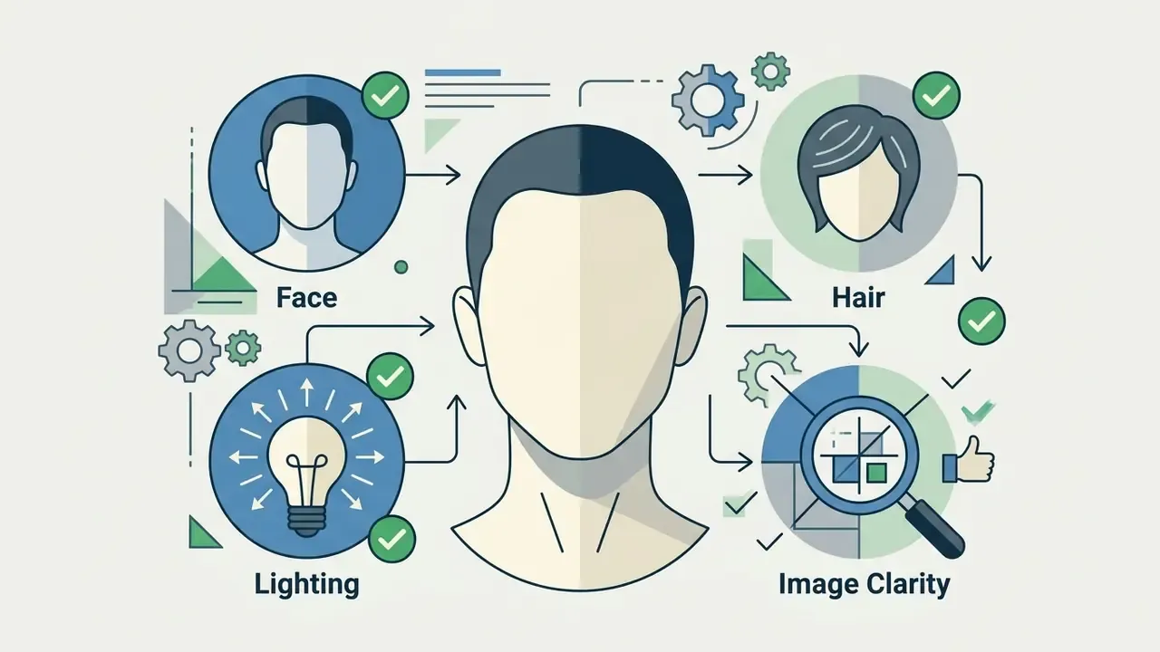 Central head silhouette surrounded by icons for face, hair, lighting, and image clarity with checkmarks
