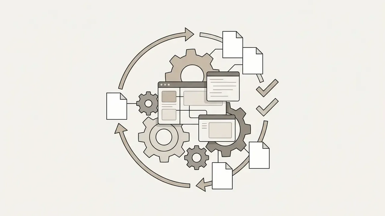 Code files and interface windows rotating through gears in a continuous development cycle