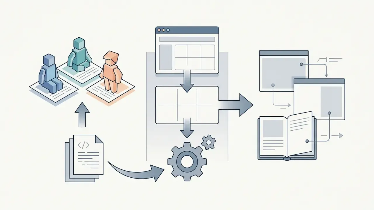 Blocky characters and code documents feeding into a gear system that organizes data into digital layouts
