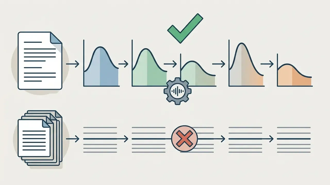 Document progressing through pitch variation graphs versus a stack of documents blocked by an error icon