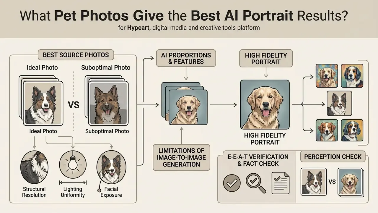 Diagram comparing ideal versus suboptimal pet photos for generating high fidelity AI portraits