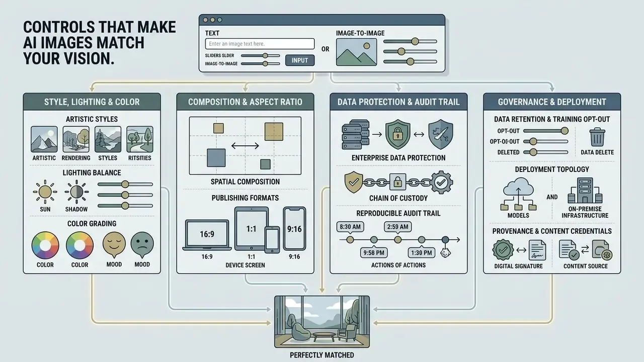 Infographic showing technical parameters for style, composition, data protection, and deployment settings