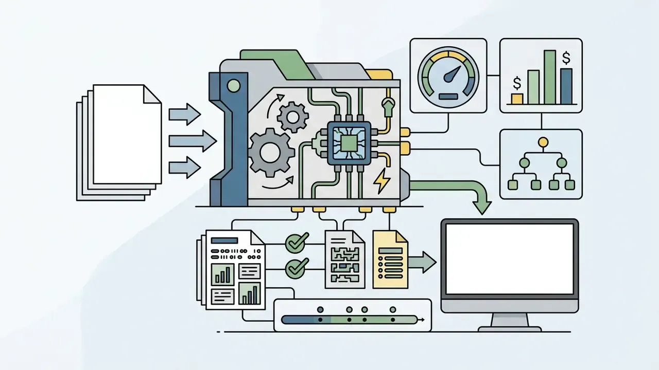 Documents feeding into a processor that generates performance metrics and output for a Review Proof for AI tool