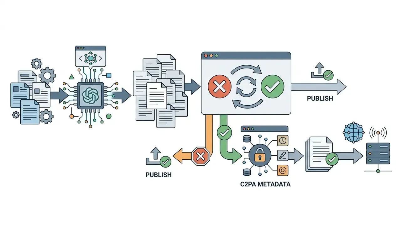Flowchart showing automated content generation passing through a review gate and C2PA metadata tagging