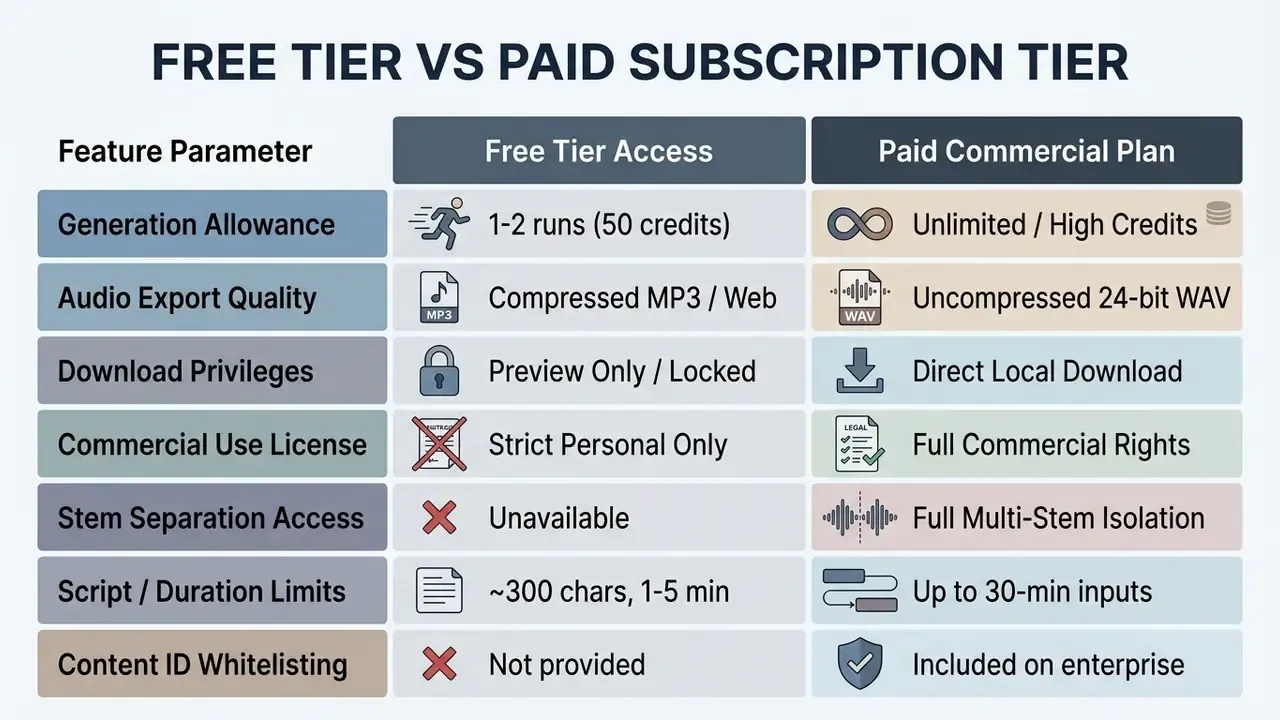 Comparison grid contrasting feature parameters between free and paid music software subscription plans