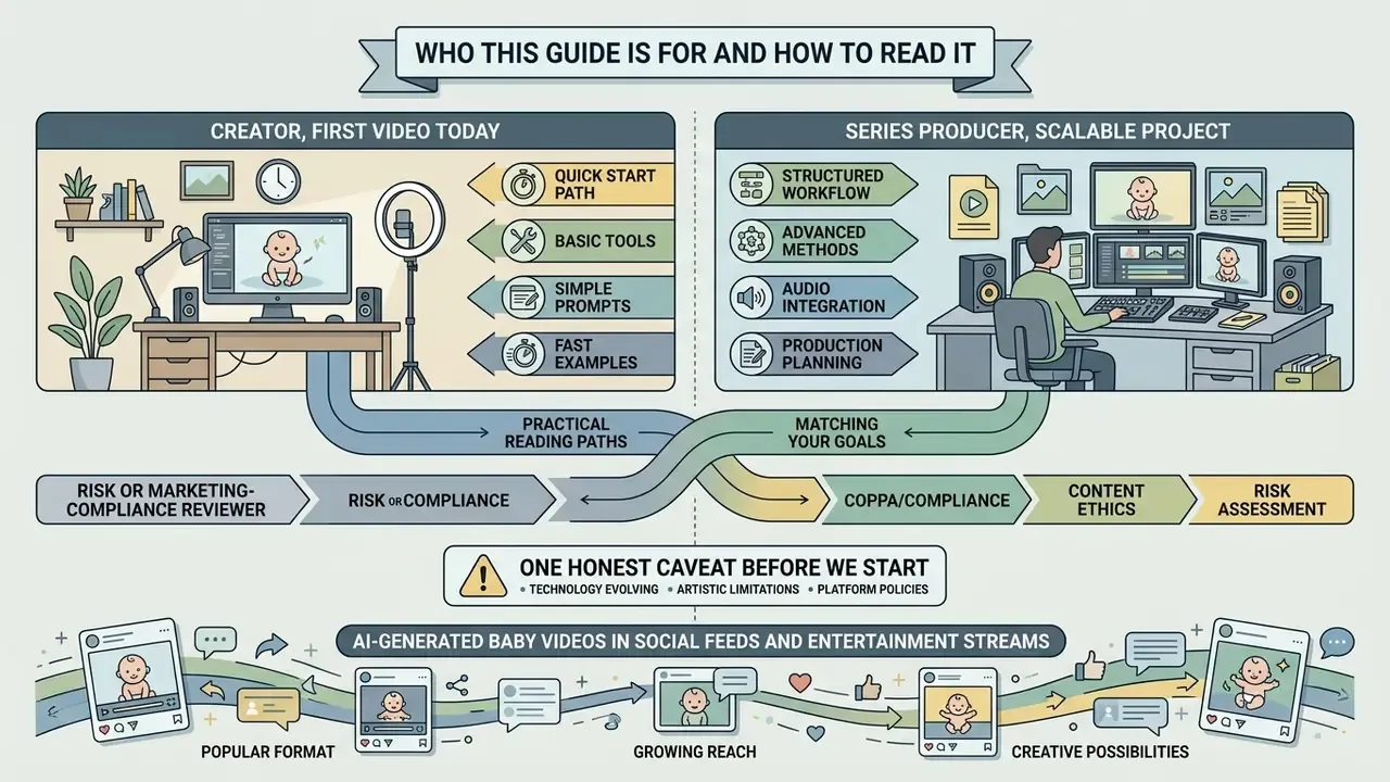 Infographic showing reading paths for creators and producers interested in making AI baby videos