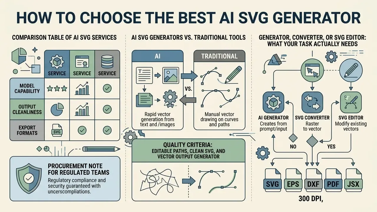 Comparison infographic featuring a service table, tool workflows, and quality criteria for vector files