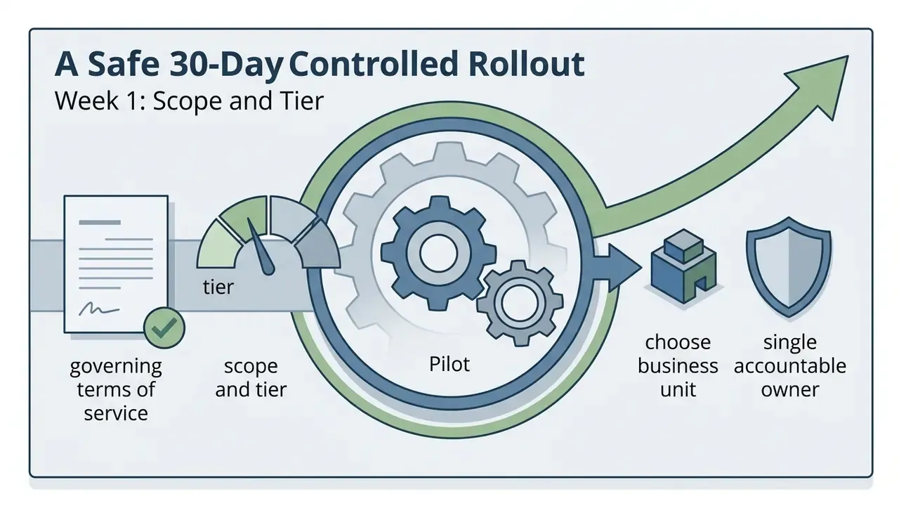 Sequence of steps including terms of service, tier selection, and pilot phase for business deployment