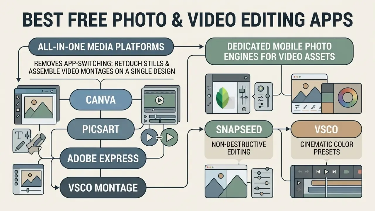 Diagram categorizing good video editing apps into all-in-one platforms and dedicated mobile photo engines