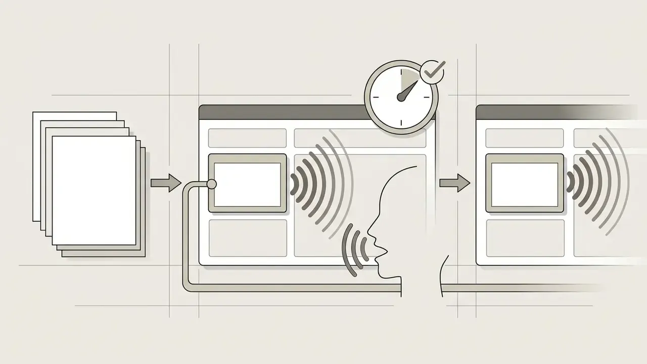 Stack of papers feeding into a digital interface where a person speaks to trigger a sequential process