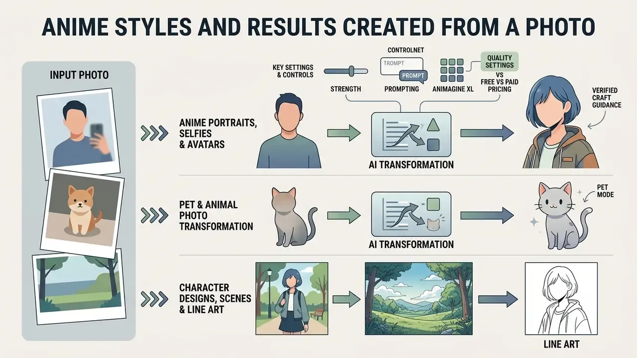 Summary diagram showing how various input photos are transformed into anime styles through AI settings