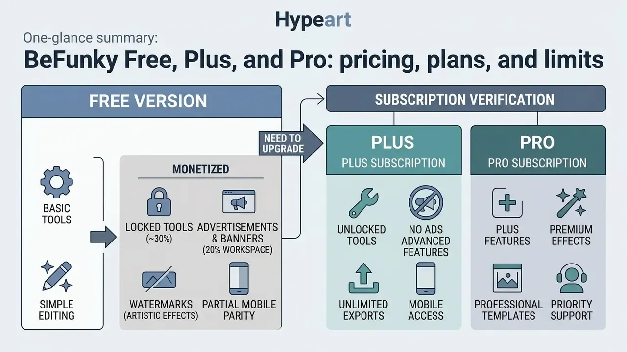 Comparison chart detailing the differences between BeFunky free, Plus, and Pro subscription tiers
