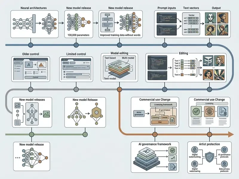 Flowchart tracing the evolution of AI art tools from neural architectures to governance and licensing