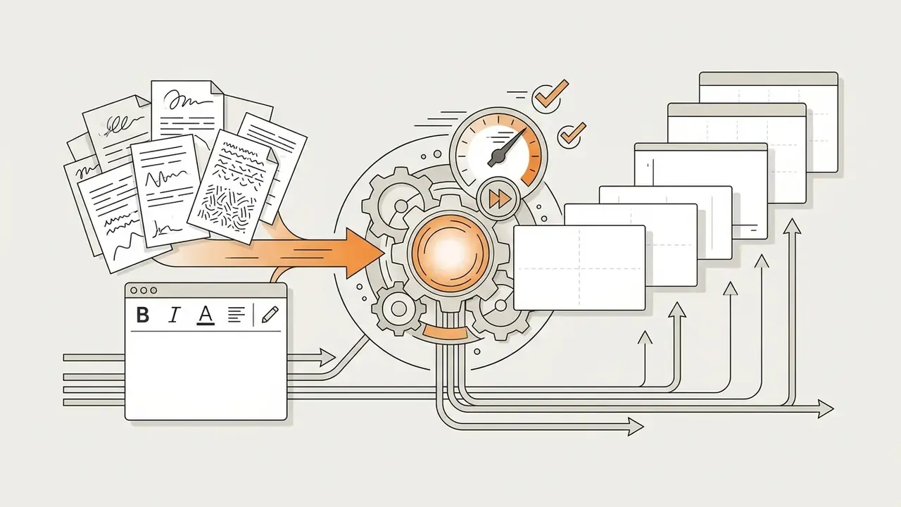 Raw notes and text input feeding into a central gear system to generate structured slide layouts