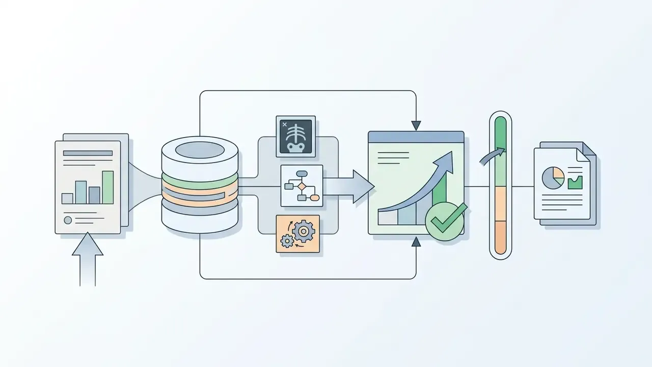 Medical images and data flowing through a database and processing engine to generate a validated report