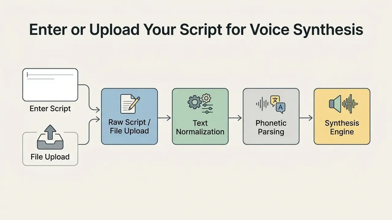 Step-by-step process flow from script entry and file upload through normalization to phonetic synthesis