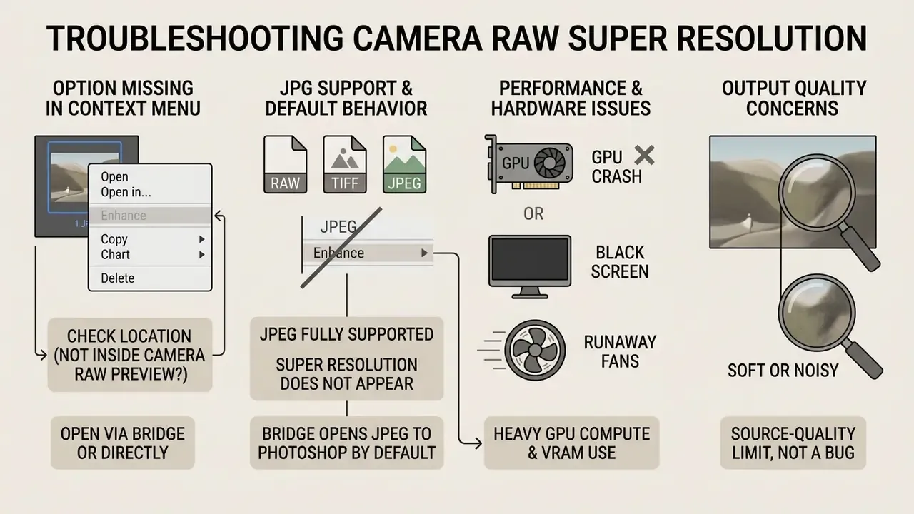 Infographic outlining common issues and solutions when using Camera Raw Super Resolution features