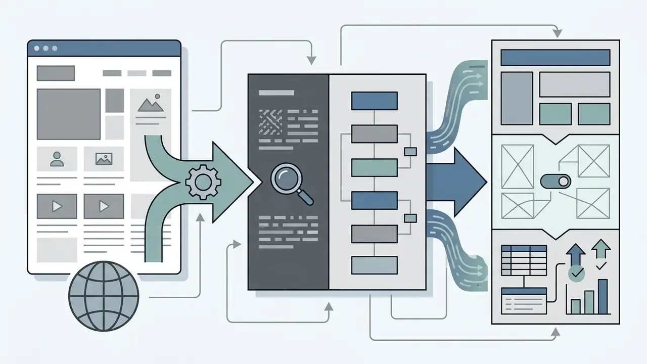 Website page and globe icon feeding into a central analysis block that outputs structural UI blueprints