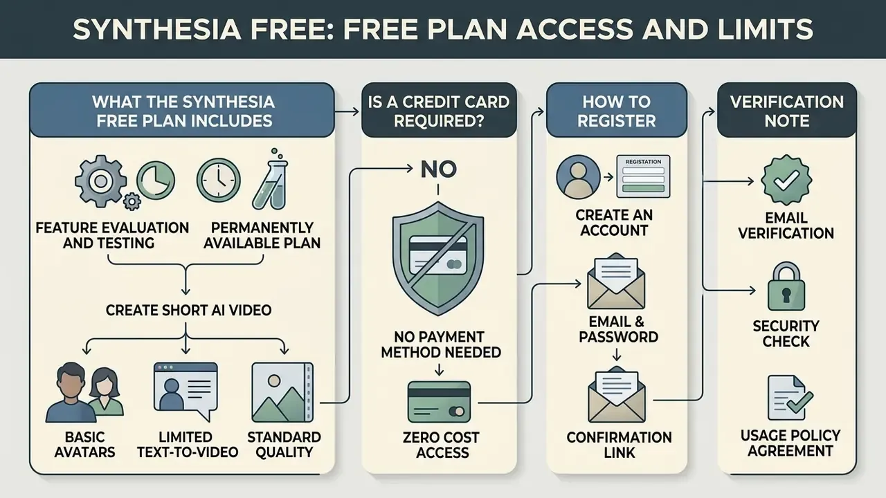 Step-by-step infographic detailing free plan features, registration requirements, and verification