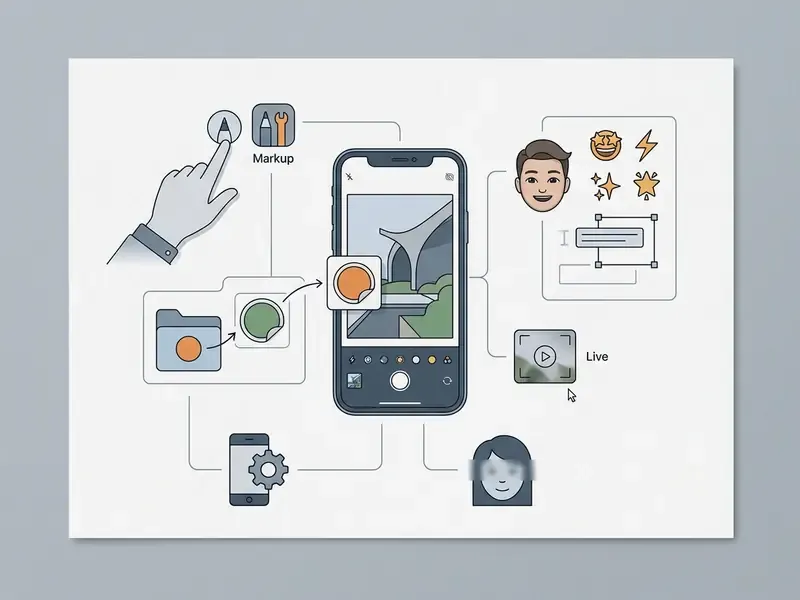 Diagram showing how to add sticker to photo iPhone using Markup tools and sticker menu options