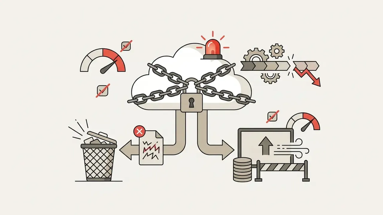 Cloud icon wrapped in chains and a padlock with icons representing restricted storage and sync processes