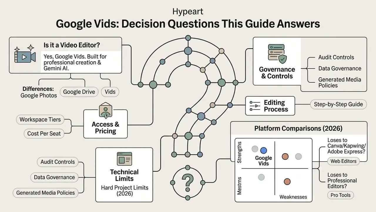 Infographic showing a question mark shape connecting topics like pricing, technical limits, and editing steps