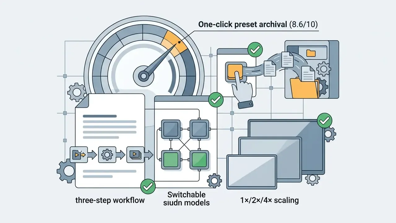 UniFab Video Upscaler AI interface showing a three-step workflow, switchable models, and scaling options