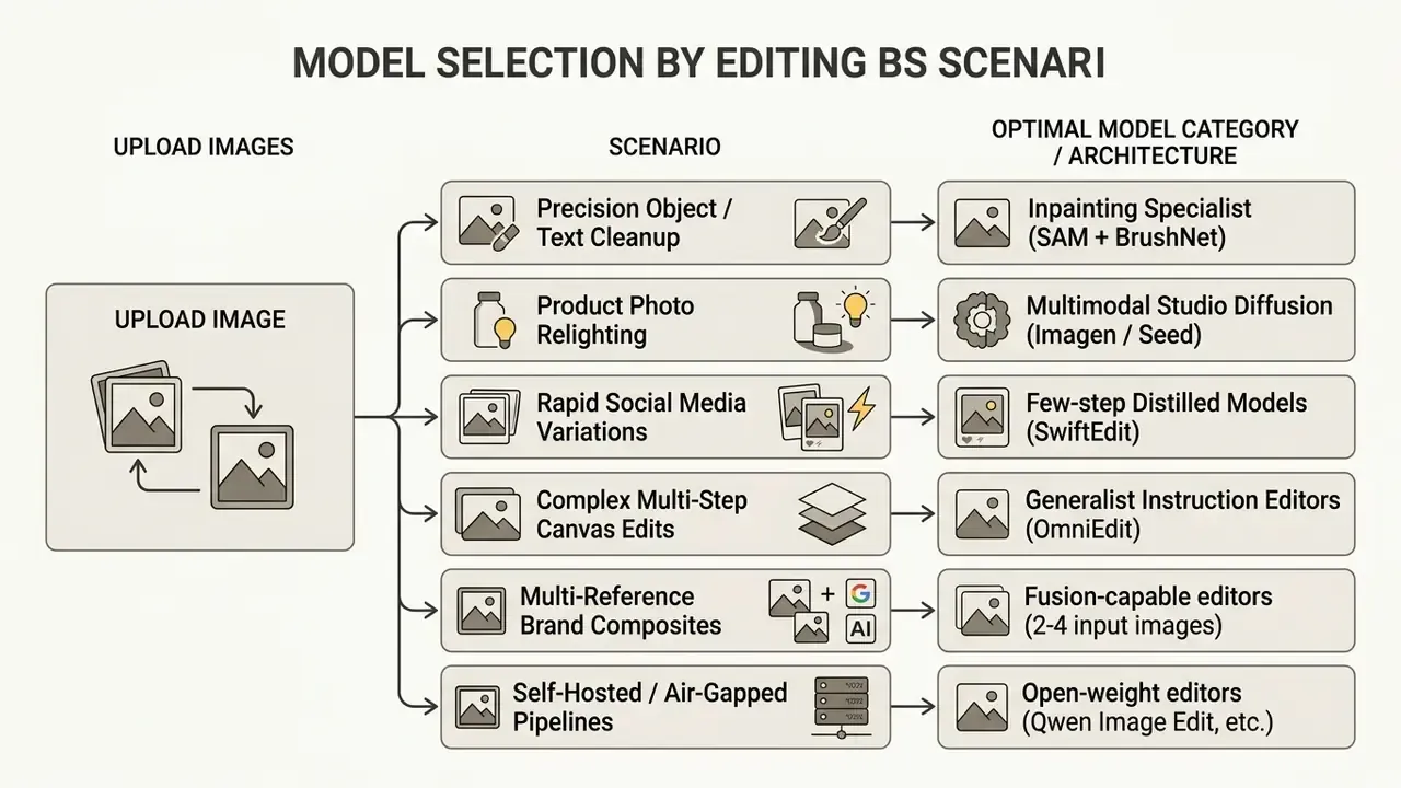 Table mapping specific editing scenarios to their recommended AI model architectures and categories