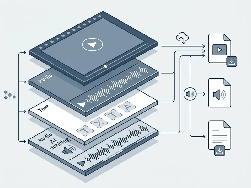 Layered diagram showing video, audio, text, and AI dubbing tracks being exported into separate files