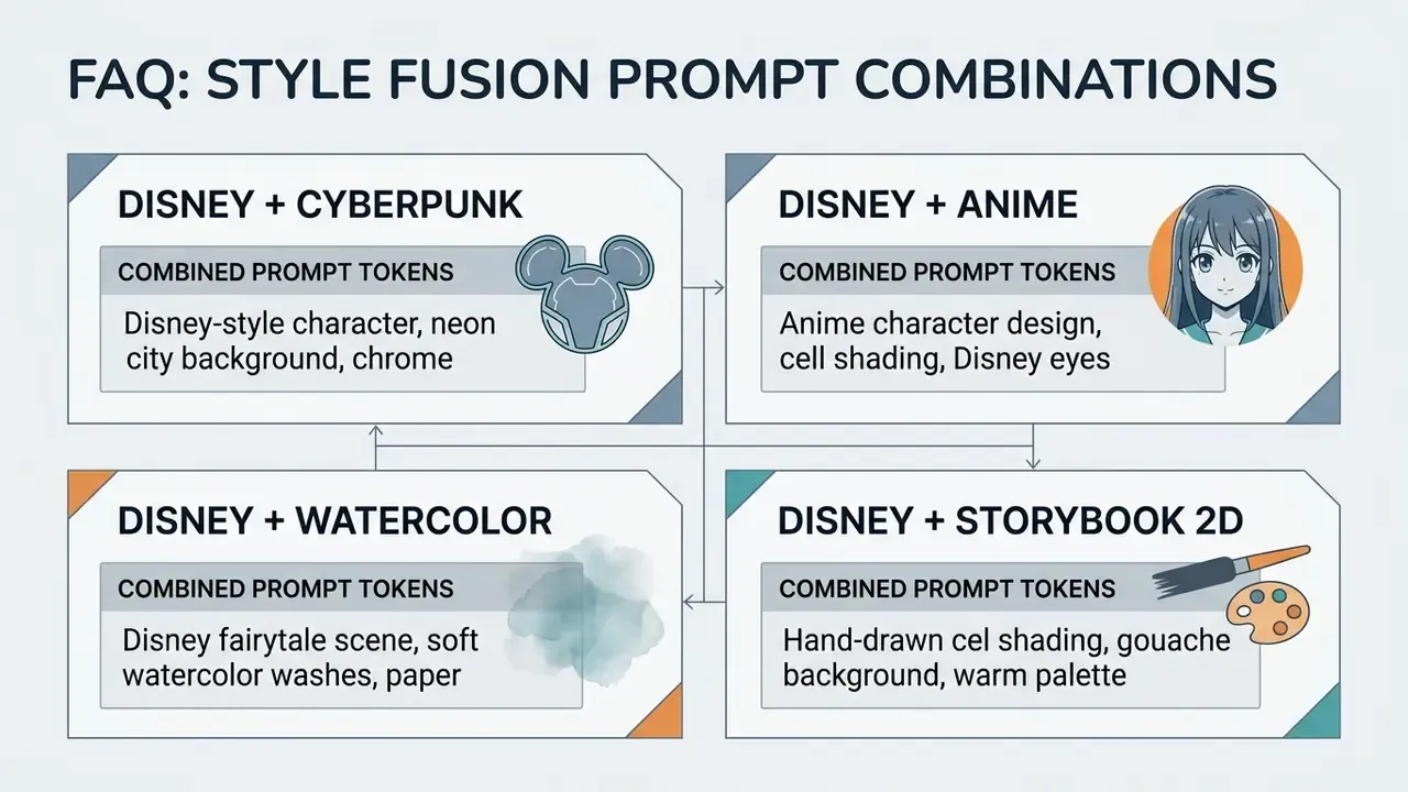 Grid layout showing four distinct prompt combinations for blending animation styles with descriptive text