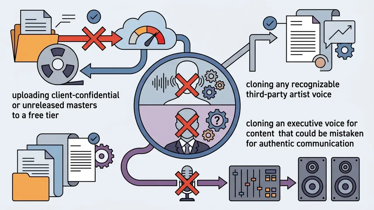 Visual representation of prohibited synthetic voice actions marked with red cross symbols