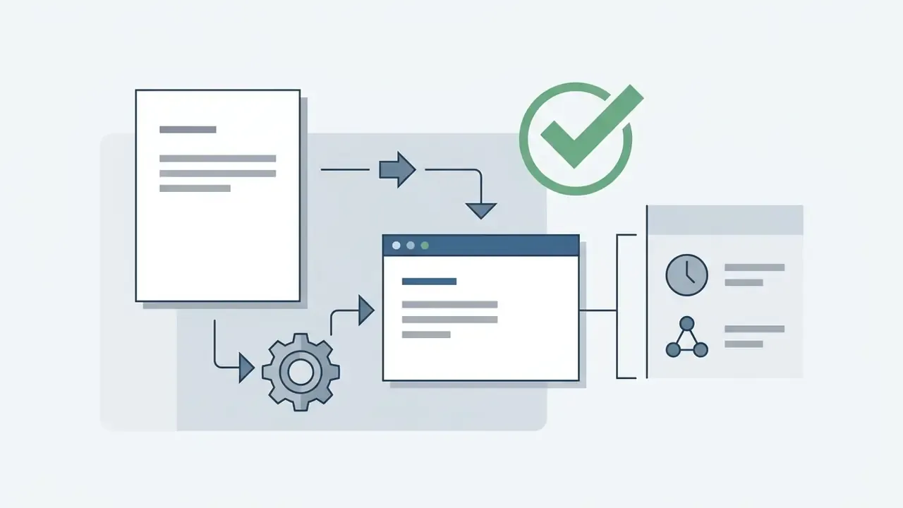 Document text passing through a gear system to a window with a checkmark and metadata icons