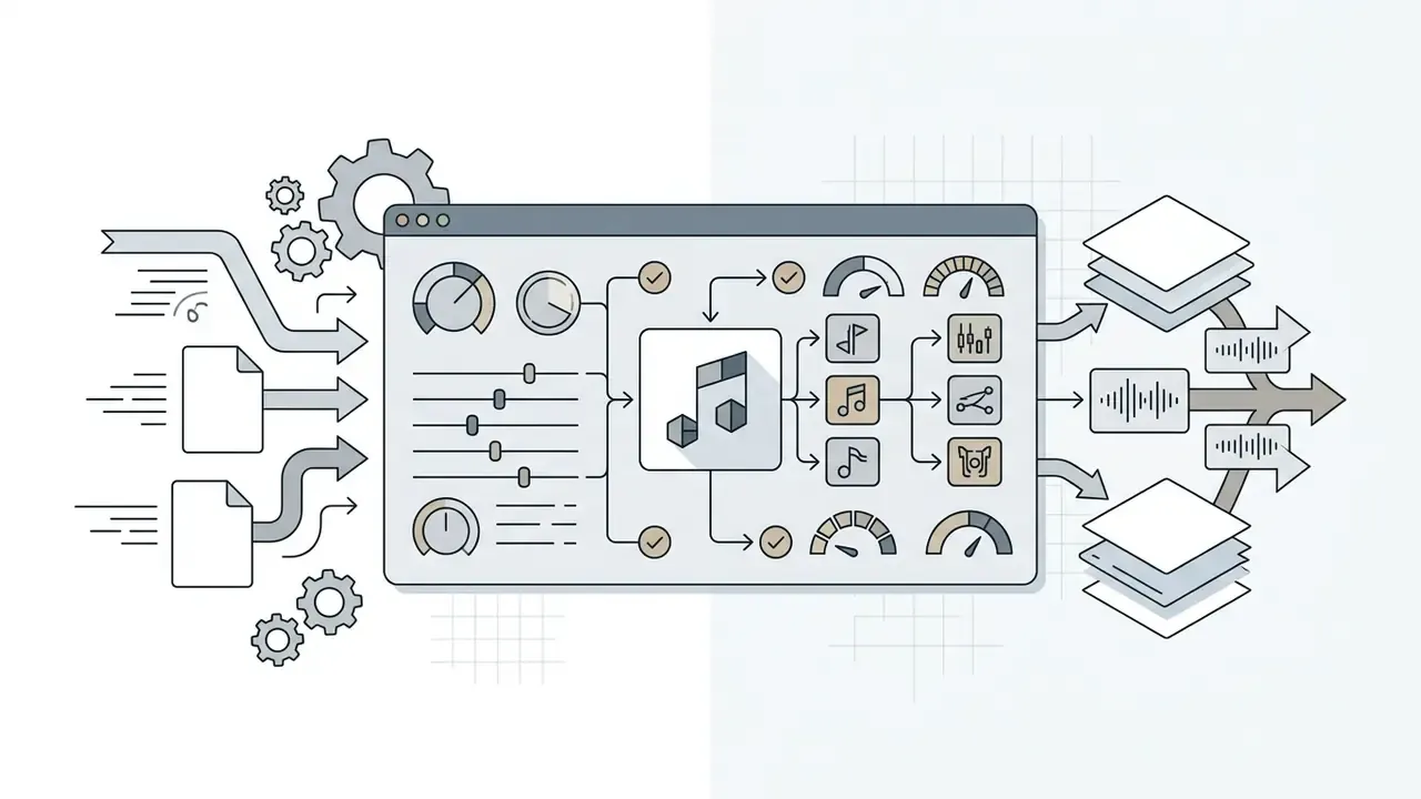 Inputs and control sliders feeding into a central music interface with output layers and audio waveforms