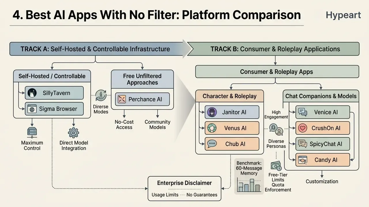 Flowchart comparing self-hosted infrastructure and consumer roleplay AI apps with no filter