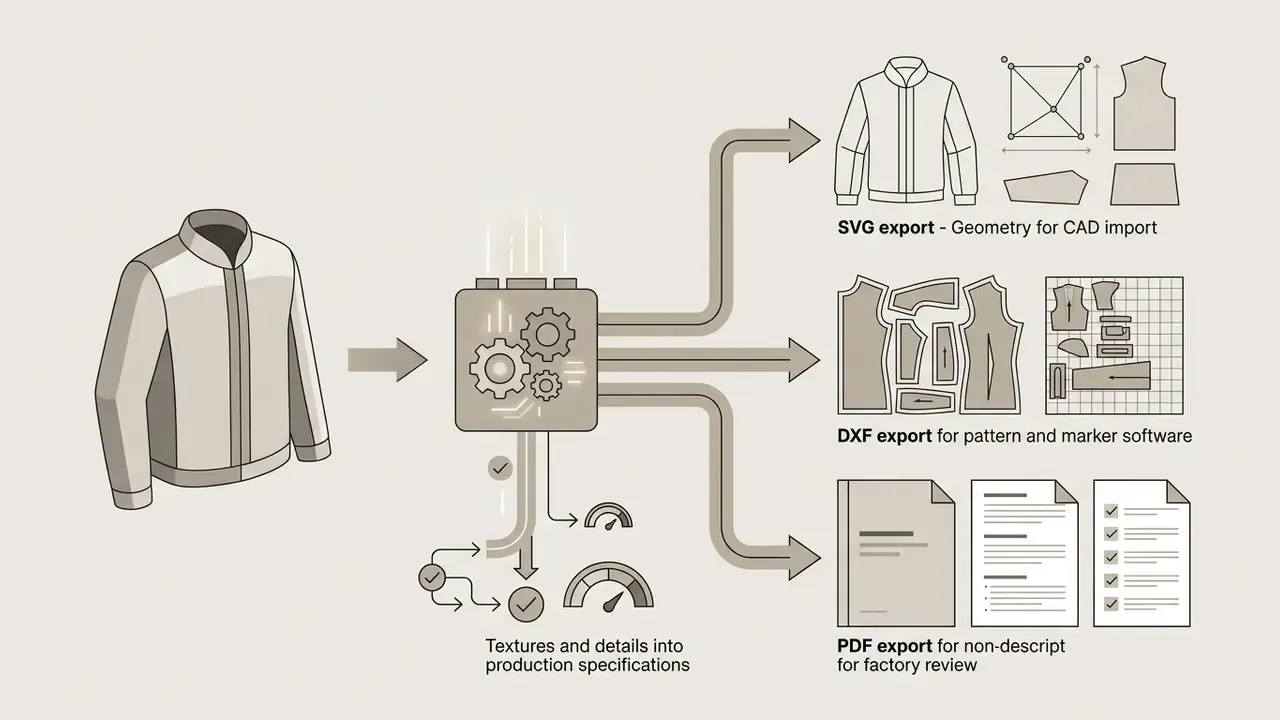 Jacket render passing through processing gears into SVG, DXF, and PDF production specification files