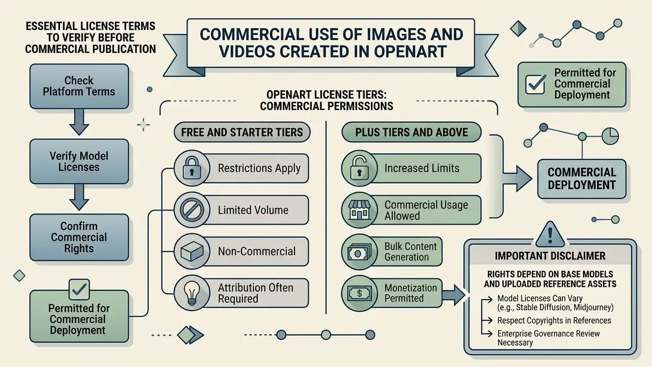 Flowchart comparing commercial usage rights between free and paid subscription tiers for generated assets