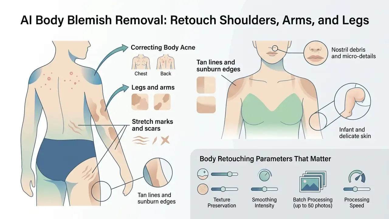 Diagram showing AI retouching for body acne, stretch marks, tan lines, and specific skin parameters