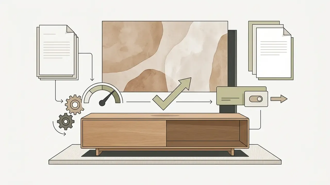 Documents and gears processing a wooden cabinet design with a speed gauge and a checkmark icon